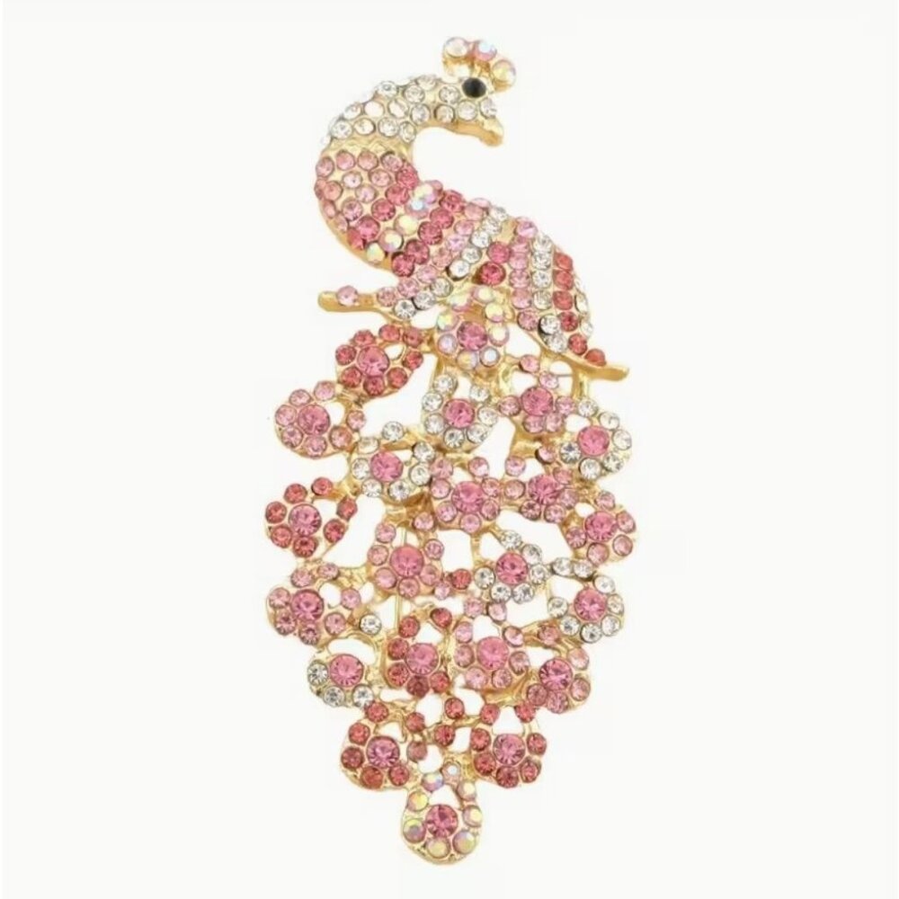 Betsey Johnson Brooch Pink Crystal Peacock Gold Tone